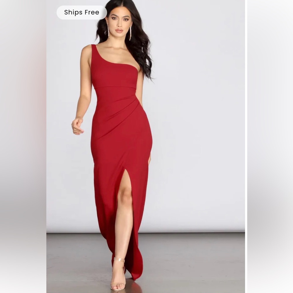 Windsor One-Shoulder Red Evening Gown with Front Slit